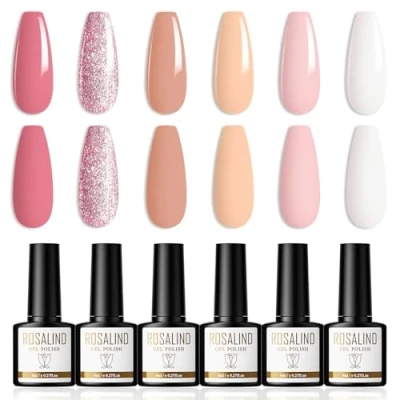 Abbildung von ROSALIND UV Nagellack 6 Farben Gel Dunkelrosa Hellrosa Glitzer Nude Weiß Shellac Gellack Soak Off UV/LED Nail Polish Set Geeignet für Heimnagel DIY, Nagelstudio