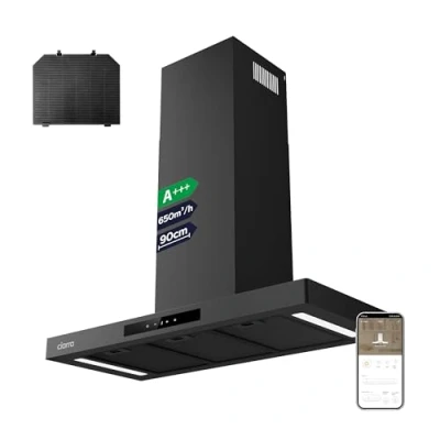 Abbildung von CIARRA CBCB9102 P A+++ Dunstabzugshaube 90cm Umluft Abluft Abzugshaube 650m3/h Wi Fi App Touch Bedienung 4 Stufen Inkl. Booster Schwarz Wandhaube mit CBCF004 Aktivkohlefilter
