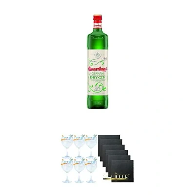 Abbildung von Doornkaat German DRY Gin 0,7 Liter + Sul Copo Ballon Glas 6 Stück Schiefer Glasuntersetzer eckig x ca. 9,5 cm Durchmesser