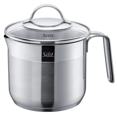 Abbildung von Silit Achat Milchtopf Induktion mit Glasdeckel 14 cm, hoher Kochtopf 1,7l, Edelstahl teilmattiert, Milchkopchtopf Induktion, unbeschichtet, backofengeeignet