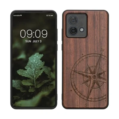Abbildung von kwmobile Hülle kompatibel mit Motorola Moto G84 5G Holz Case Handy Cover TPU Handyhülle in Dunkelbraun Kompass Vintage