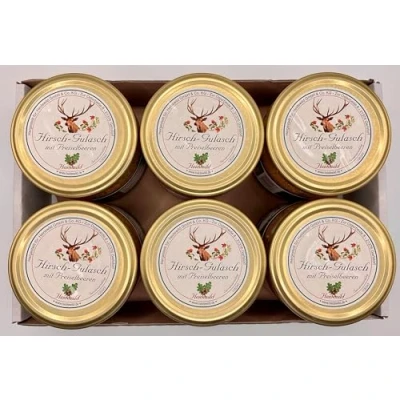 Abbildung von 6er Tray Hirsch Gulasch mit Preiselbeeren 300g Glas