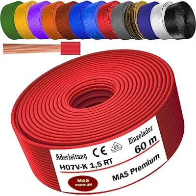 Abbildung von MAS Premium Von 5 bis 100m Aderleitung H07 V K 1x1,5 mm² SW, HBL, GNGE, GN, RT, DBL, BR, OR, GR, WS, VIO, U MAR.BL oder GE Einzelader flexibel (Rot, 60m)