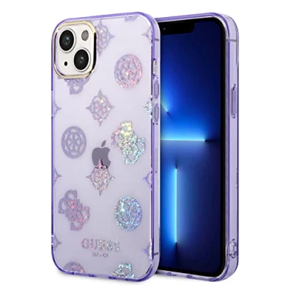 Abbildung von Guess Handyhülle für iPhone 14 Plus in lila IML Hülle, kratzfester PC/TPU, Bequeme und langlebige Hartschale mit zugänglichen Anschlüssen, Stoßdämpfung Signatur Logo