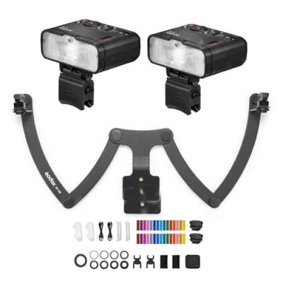 Abbildung von Godox MF12 K2 Makroblitz + MF DB Blitzhalterung 2,4G Wireless TTL M Modus mit Farbfilter, Kaltschuh, Blitzständer für Porträt, Makrofotografie,Dentalfotografie Nikon/Sony/Canon Kameras