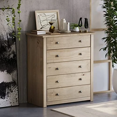 Abbildung von Home Discount Panama Kommode 5 Schubladen Kiefer massiv Holz gewachst Eiche Finish