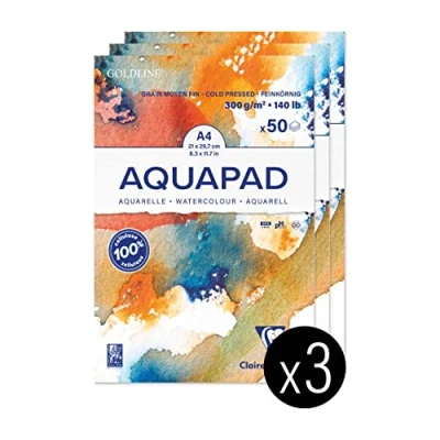 Abbildung von Clairefontaine 975721C Packung mit 3 Aquarellblöcken Goldline Aquapad A4 geleimt, 50 Blatt weiß 300g, mittlere Körnung, 1 Pack