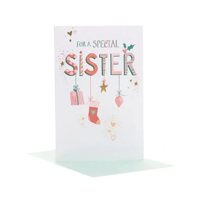 Abbildung von UK Greetings Weihnachtskarte für Schwester Hängende Ornamente Design