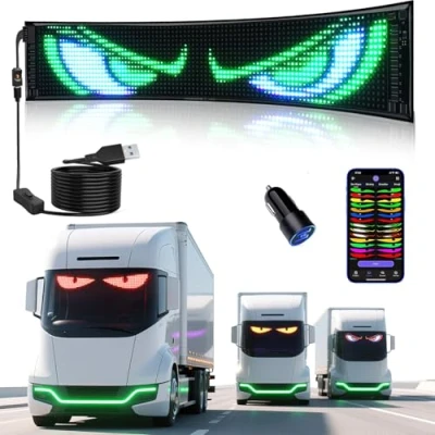 Abbildung von Qnoavve LED Augen für LKWs, 58,4 x 12,7 cm, flexibles programmierbares Lichtschild mit Bluetooth App Steuerung, vollfarbiges Scrolling Display, benutzerdefiniertes Textmuster, Animation