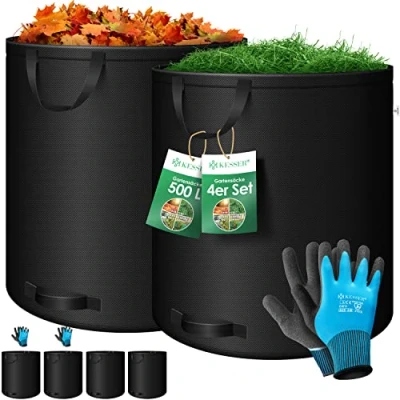 Abbildung von KESSER® Gartensack 4X 500L Set Laubsack Gartenabfallsack inkl. Handschuhe Selbststehend 4 Griffe Stabil Robust &amp; Faltbar Laubsäcke Rasenschnitt Gartensäcke für Gartenabfälle Grünschnitt Schwarz