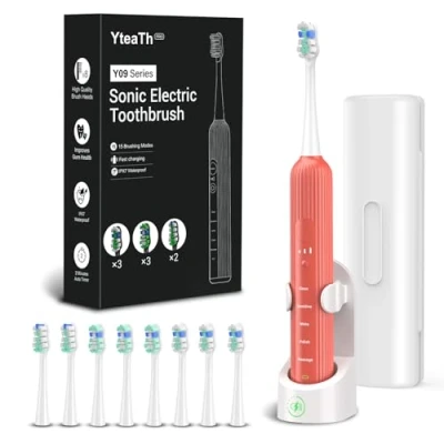 Abbildung von Elektrische Zahnbürste, Schallzahnbürste für Erwachsene und Kinder, Electric Toothbrush mit 5 Putzmodi 3 Intensitätsstufen Integrierter Timer 8 Zahnbürstenköpfen, Reiseetui, Rosenrot