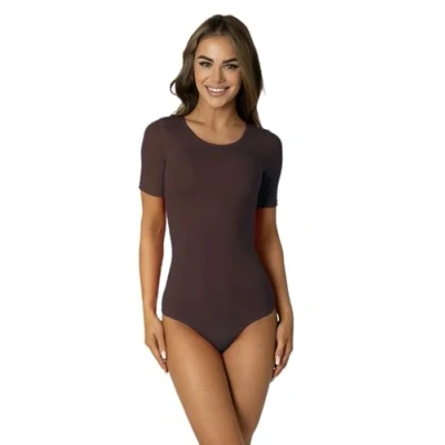 Abbildung von Alkato Damen Kurzarm Body Baumwolle Bodysuit mit Rundhalsausschnitt blickdicht, Farbe: Braun, Größe: L (Long 170 176 cm)