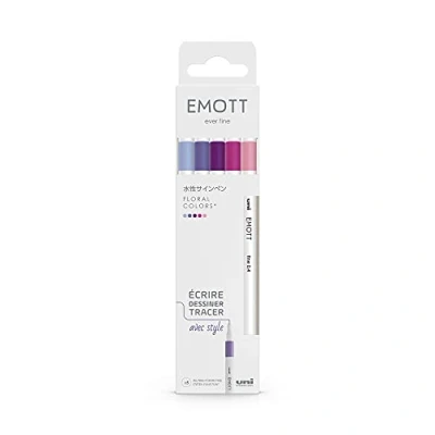 Abbildung von Uni ball Emott Mitsubishi Pencil 5 Filzstifte mit floralen Farben zum Schreiben, Zeichnen, Stil feine Spitze 0,4 mm Lila, Bonbonrosa, Hot Pink, Marineblau