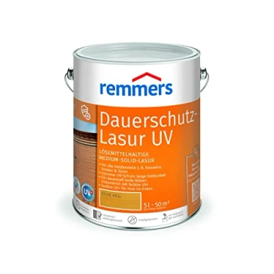 Abbildung von Remmers Dauerschutz Lasur UV eiche hell, 5 Liter, Dekorative Medium Solid für Außen, auch helle Farbtöne und farblos UV+, wetterbeständig