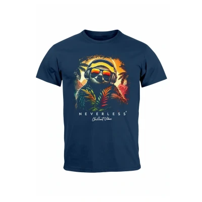 Abbildung von Neverless Musik DJ Chill Faultier Relax SOMM Tshirt print, Herren, Größe: XS, Navy