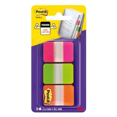Abbildung von Post it Haftstreifen Index Strong 36 25,4 mm x 38,1 Farben: Orange, Pink, Grün Extrastarke für Dokumente und Informationen