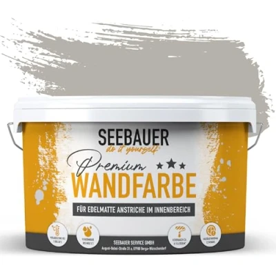 Abbildung von SEEBAUER diy Wandfarbe Grau 5L für Innen (No. 204 Smooth Grey) Edelmatte Innenfarbe Beige Grautöne sehr hohe Deckkraft Matt, Abwaschbar und Tropffrei