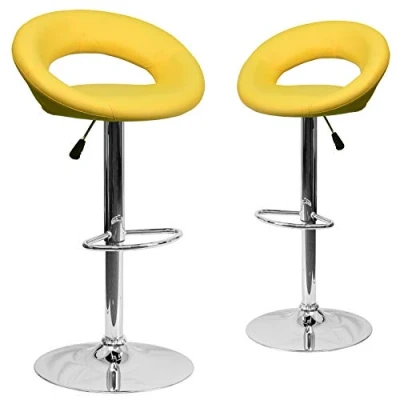 Abbildung von Flash Furniture Moderner Barhocker aus Vinyl, abgerundete Rückenlehne, höhenverstellbar, verchromt, Gelb, 2 Stück