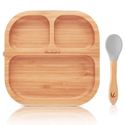 Abbildung von bambuskind Kinderteller mit Saugnapf grau I Inkl. Rezepte Ebook rutschfester Babyteller aus nachhaltigem Bambus flexiblem Löffel Kindergeschirr Set zum Essen lernen
