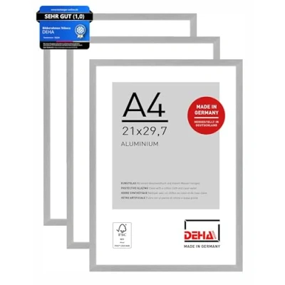 Abbildung von DEHA Design Bilderrahmen, 21 x 29,7 cm (A4) (3er Set), Aluminium, Silber matt, Dokumentenrahmen zum Aufhängen im Hoch &amp; Querformat, bruchsicheres Kunstglas, Tribeca