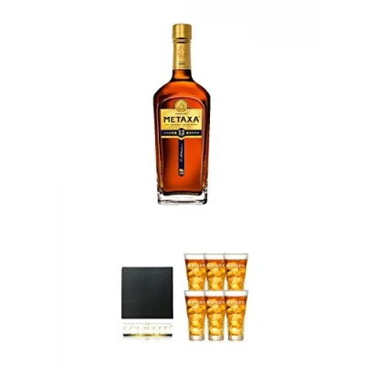 Abbildung von Metaxa 12* Sterne 12 Jahre alt 0,7 Liter + Schiefer Glasuntersetzer eckig ca. 9,5 cm Durchmesser Spyro 6 x Gläser mit Eichstrich 2cl und 4cl