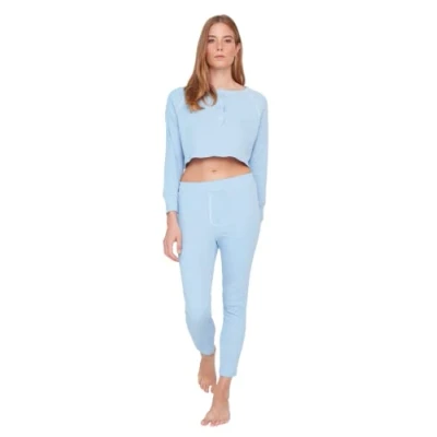 Abbildung von Trendyol Damen Unifarben Mitte Gestrickt T Shirt Hose Pyjama, Blau, XL