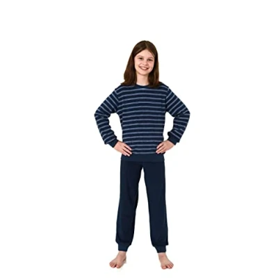 Abbildung von Mädchen Frottee Pyjama Langarm Schlafanzug mit Bündchen in Streifenoptik 212 401 13 801, Farbe:Navy, Größe:170 176
