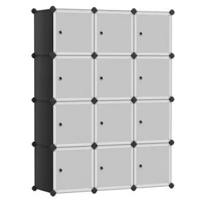 Abbildung von SONGMICS Regalsystem, Schuhregal, Set aus 12 Würfeln, Kleiderschrank Kunststoff, mit Türen, Steckregal, Aufbewahrung von Kleidung, Schuhen und Büchern, einfache Montage, schwarz LPC34HV1