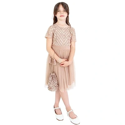 Abbildung von Maya Deluxe Girl&#039;s Midi Girls for Wedding with Sequin Embellishment Short Sleeve Prom Birthday Party Bridesmaid Dress, Taupe Blush, 3 4 Years