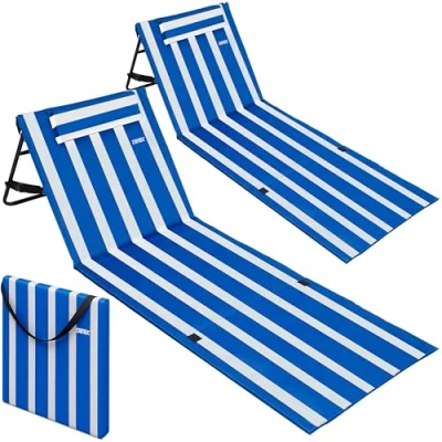 Abbildung von DETEX® Strandliege Leicht Gepolstert Faltbar mit Rückenlehne Verstellbar Seitentasche Kissen Tragegurt Wetterfest Strand Strandmatte Liege Blau Weiß