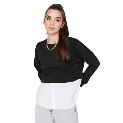 Abbildung von TRENDYOL Damen Crew Neck Plain Regular Sweatshirt, Schwarz, L EU