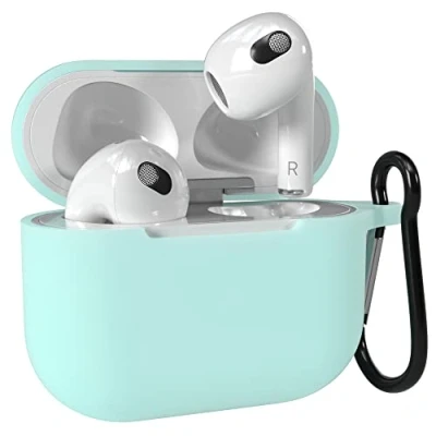 Abbildung von EAZY Case Schutzhülle für AirPods 3 Hülle Türkis Silikon Stoßfest mit Karabiner geeignet als Schlüsselanhänger Antikratz Etui rutschfeste Silikonhülle Airpod 3. Generation in Hellblau
