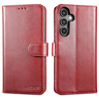 Abbildung von LENSUN Echtleder Hülle für Samsung Galaxy A55, Lederhülle [Echtes Leder][RFID Schutz][Kartenfach][Standfunktion] Handyhülle Flip Handytasche A55 5G Weinrot
