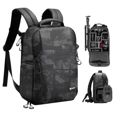 Abbildung von TARION Kamerarucksack, Wasserdicht Fotorucksack SLR Kameratasche Kamera Rucksack mit 14 Zoll Laptopfach und Regenschutz für Spiegelreflexkameras, Grau Schwarz