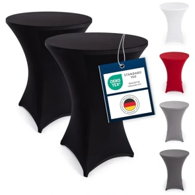 Abbildung von Blumtal 2er Set Stretch Stehtisch Hussen Bügelfrei Oeko TEX zertifizierte Tischhussen für Stehtische Ø 80 85 cm Verstärkung im Fußbereich waschmaschinengeeignet Schwarz