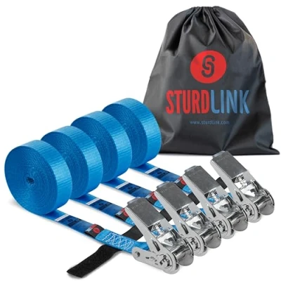 Abbildung von 4er Set Kleine Spanngurte mit Ratsche Ohne Haken 25mm 5m Einteilig LC 800daN + Klettband Transporttasche Befestigung für Dachträger Auto, Anhänger, Fahrradträger, Kanu, Kajak, Surfbrett, Umzug