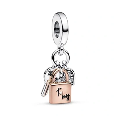 Abbildung von Pandora KEY Padlock &amp; Heart Triple Dangle Charm, Damen, Größe: One Size, Sterling silver and rose gold plated