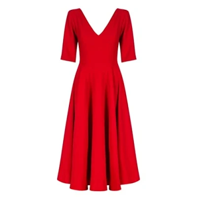 Abbildung von Swing Fashion Women&#039;s Sally Rose Damen Midikleid Elegantes Festliches Kleid Partykleid Abendkleid Hochzeitskleider Abschlussballkleid Ballkleid V Ausschnitt 3/4 Ärmel Rot 40 (L)