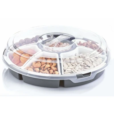 Abbildung von Spetebo Servier Set Transport Servierset mit 6 Schalen Ø 33 cm, Kunststoff, (Set, 8 tlg., + Deckel), Runde Snack, Dip und Tapas Box Deckel