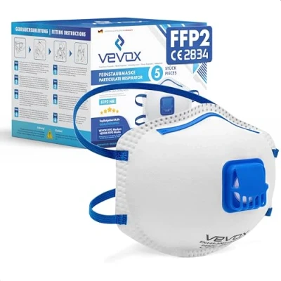 Abbildung von VEVOX® FFP2 Maske mit Ventil 5er, 10er oder 20er Set Staubmaske Atemschutzmaske Staubschutzmaske Feinstaubmaske Atemschutz z.B. gegen Feinstaub, Schleifstaub Baustaub