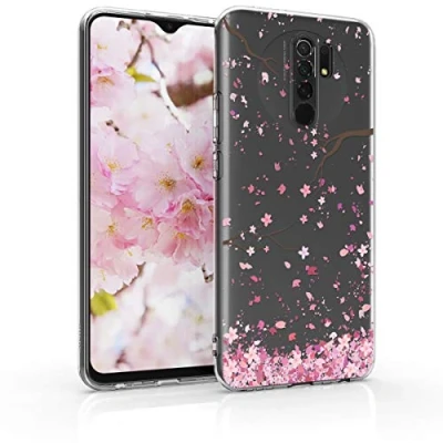 Abbildung von kwmobile Case kompatibel mit Xiaomi Redmi 9 Hülle Silikon Transparent Kirschblütenblätter Rosa Dunkelbraun