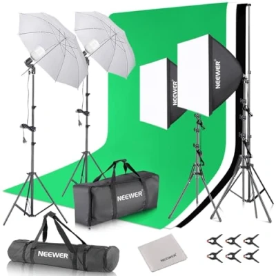 Abbildung von NEEWER Fotografie Dauerlicht Set mit Hintergründen, 2,6x3m Stative, 5700K, 800W, Äquivalent 24W LED Glühbirnen, Schirmen, Softboxen, Reinigungstuch, Fotostudio Leuchte für Videoaufnahmen Streaming