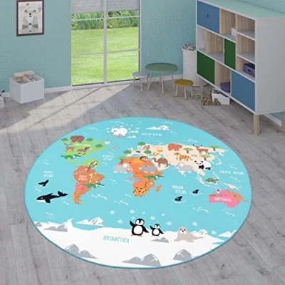 Abbildung von Paco Home Kinderteppich Teppich Kinderzimmer Spielteppich Junge Mädchen Modern rutschfest, Grösse:200 cm Rund, Farbe:Türkis
