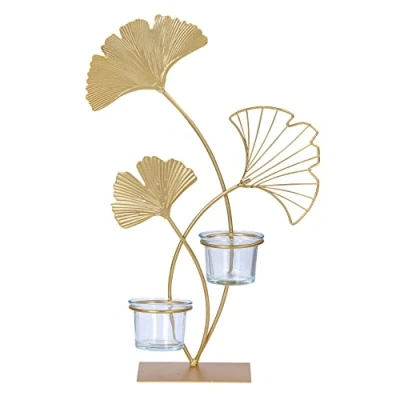 Abbildung von Levandeo® Teelichthalter, Teelichthalter H34cm Ginkgo Gold Metall Kerzenhalter Kerzenständer