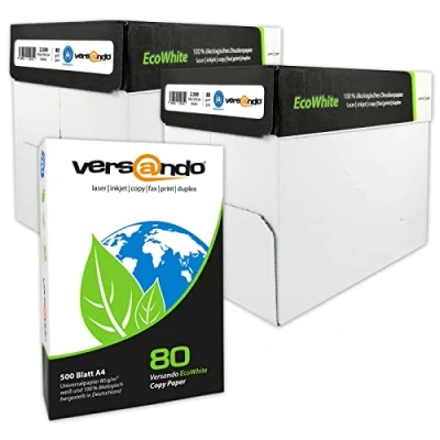 Abbildung von versando 5.000 Blatt Recyclingpapier DIN A4 EcoWhite 80g Kopierpapier Druckerpapier Öko hohe Weiße ISO 90 Blauer Engel zertifiziert Umweltpapier