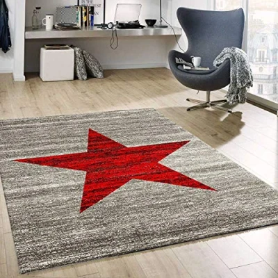 Abbildung von VIMODA Rot Trendiger Kurzflor Teppich, Sternmuster jugenzimmer Grau Plegeleicht, Maße:120x170 cm