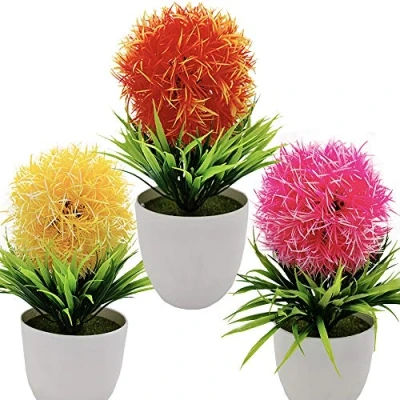 Abbildung von Fycooler Blumen Bonsai Kunstpflanze Orange Gelb Rosa Künstlichen grünen Gras Pflanzen in Töpfen, kleine dekorative Faux Plastik Pflanzen,Ideal für Heim Büro Bad Küche und Outdoor Deko 3 Packungen