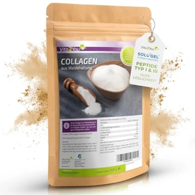 Abbildung von Vita2You Collagen Pulver 1kg Bioaktives Kollagen 100% Solugel® aus Weidehaltung Hydrolysat Peptide Typ 1 und 3 Eiweiss 1000g Premium Qualität