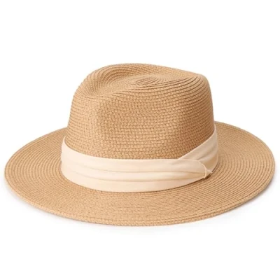 Abbildung von DRESHOW Damen Panama Hut Breiter Krempe Stroh Sommer Fedora Strohhut Aufrollen Strand Rollbar UV Sonnenhut UPF 50 +