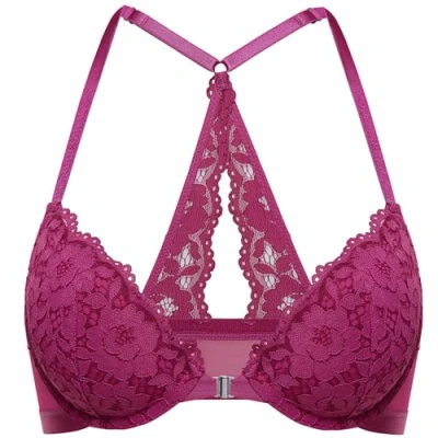 Abbildung von DOBREVA Damen Vorderverschluss BH mit Bügel Push Up Spitzen Neckholder BHS Racerback Tiefer Ausschnitt Gepolsterter Magenta Violett 70E